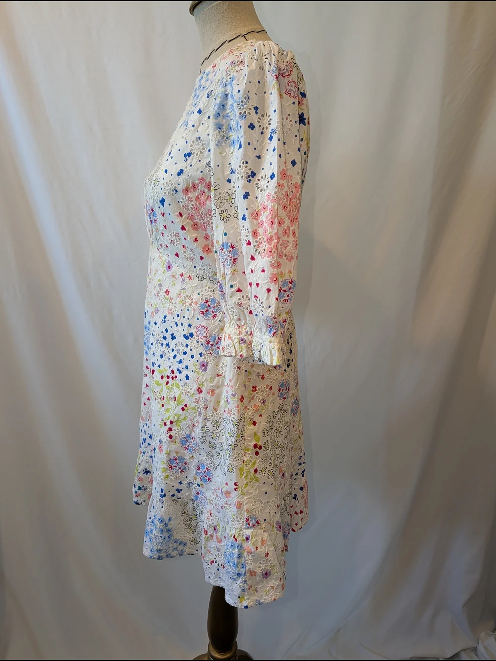 White Floral Midi Dress Eyelet, Blue pink‎ yellow embroidery ruffle 100% cotton